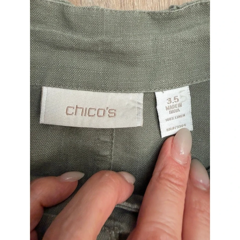 Chico's Linen Utility Jacket Olive Green Ruffle Hem Boho Large‎ XL
